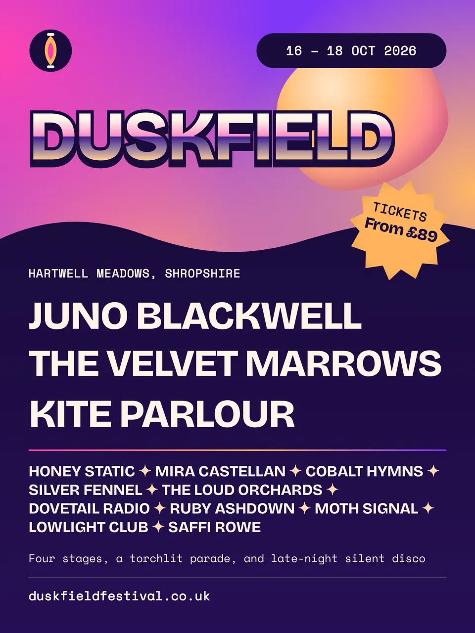 A portrait festival poster with the word Duskfield in chrome letters over a violet, pink, and orange gradient, a wavy dark panel with the headliners Juno Blackwell, The Velvet Marrows, and Kite Parlour, ten more acts, and an orange starburst that says From £89.