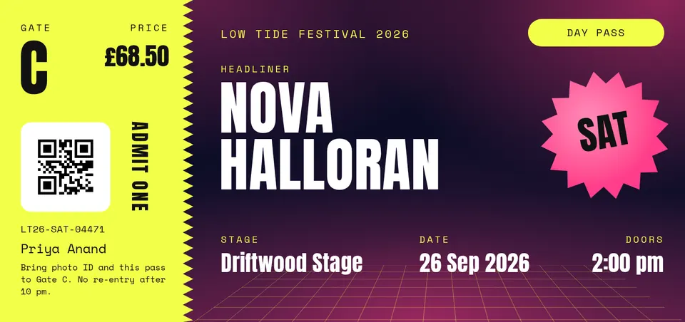 A festival day pass with the headliner in large white type on a night sky, a pink day starburst, and a yellow side stub with the gate and a QR code.