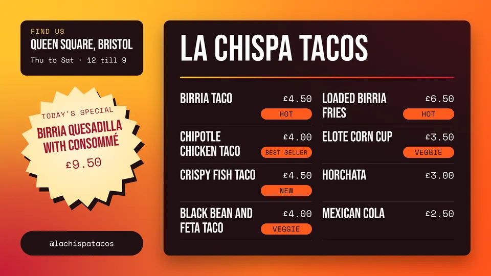 A food truck menu board for La Chispa Tacos, with a dark board of eight dishes, prices and tags on a sunset gradient, beside a cream starburst for today's special.
