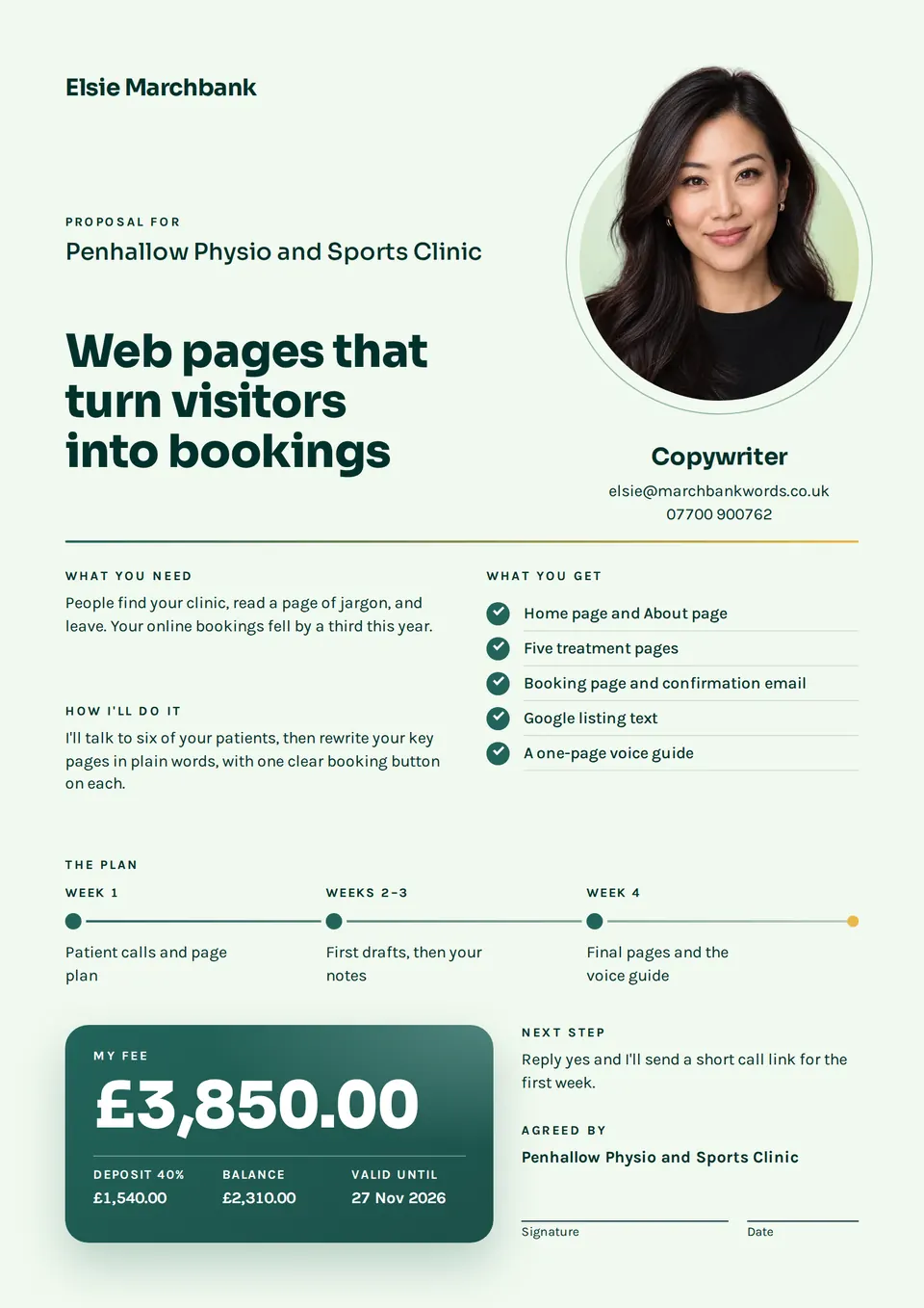 The Freelance proposal design made for a second business, with its own details and brand.