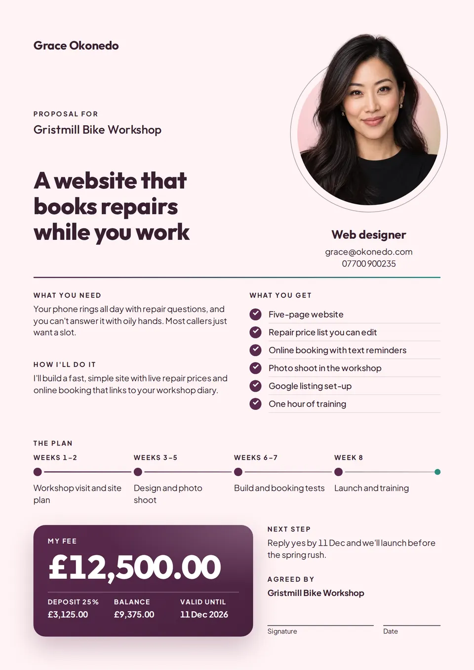 The Freelance proposal design made for a third business, with its own details and brand.