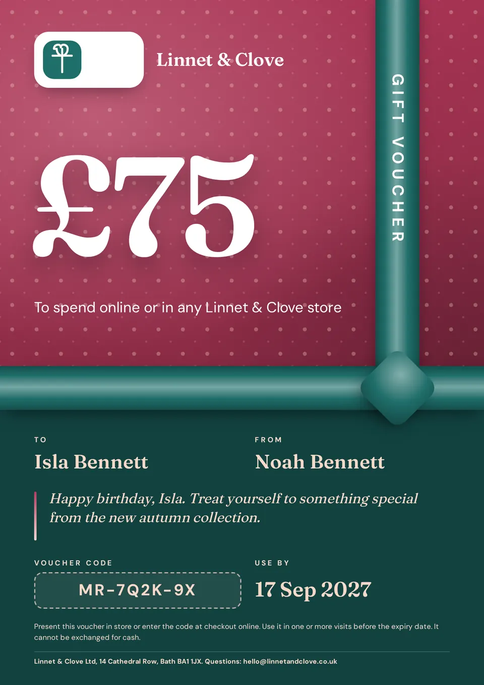 A £75 gift voucher on rose gift-wrap paper tied with a teal ribbon, with the To and From names, a message, and a voucher code below.