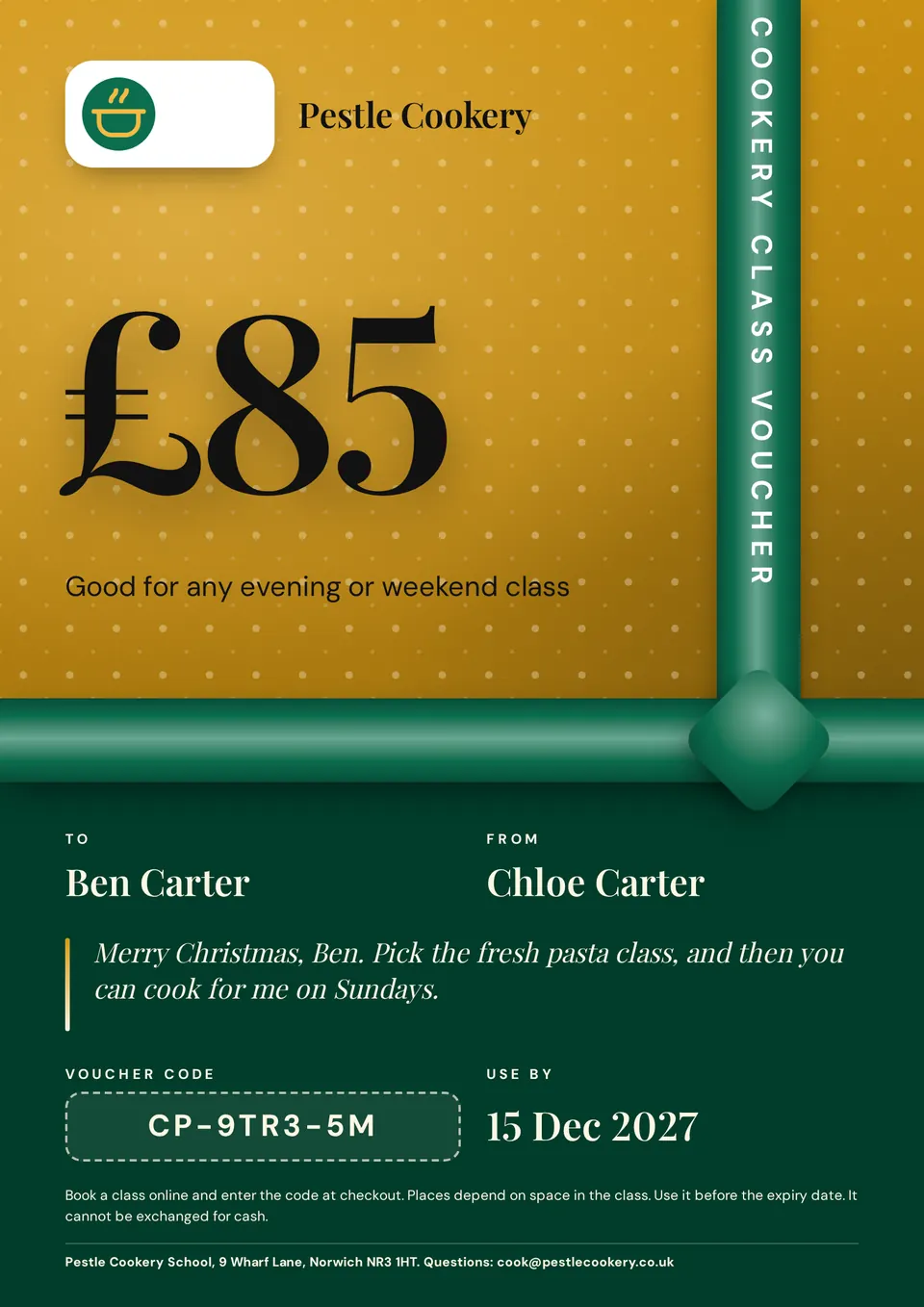 The Gift voucher design made for a third business, with its own details and brand.