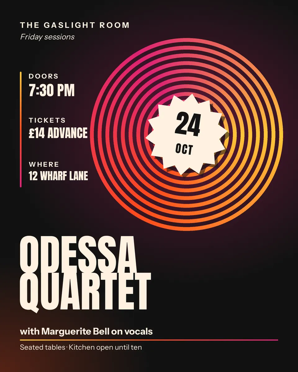 A tall orange gig poster with glowing sound rings, a cream star that shows 24 Oct, a huge band name, and the doors, tickets, and address.