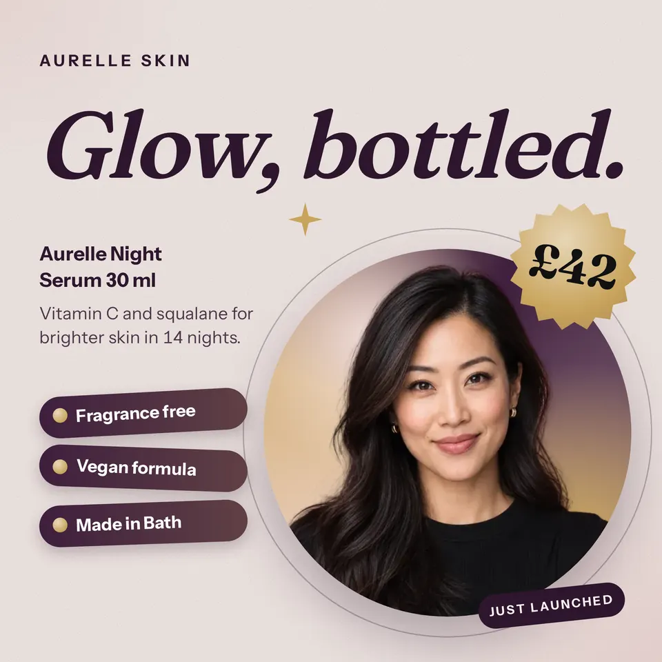 A square skincare launch ad for Aurelle Skin, with a big italic headline, a woman in a plum and gold gradient circle, a gold price starburst, and three benefit pills.
