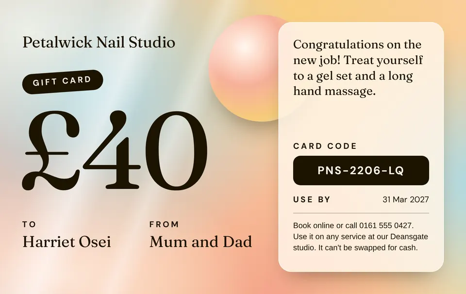 The Gradient gift card design made for a second business, with its own details and brand.