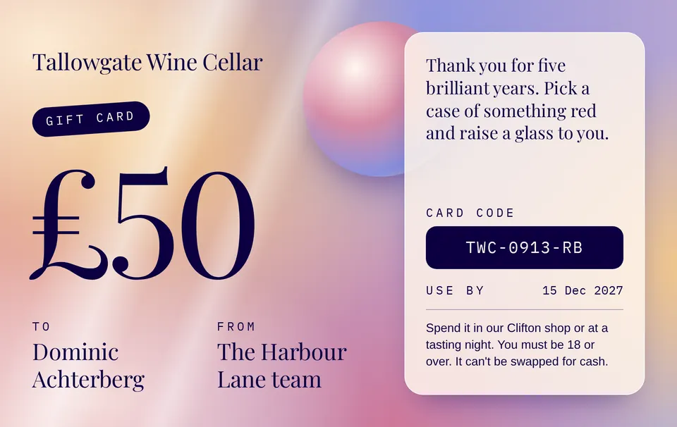 The Gradient gift card design made for a third business, with its own details and brand.