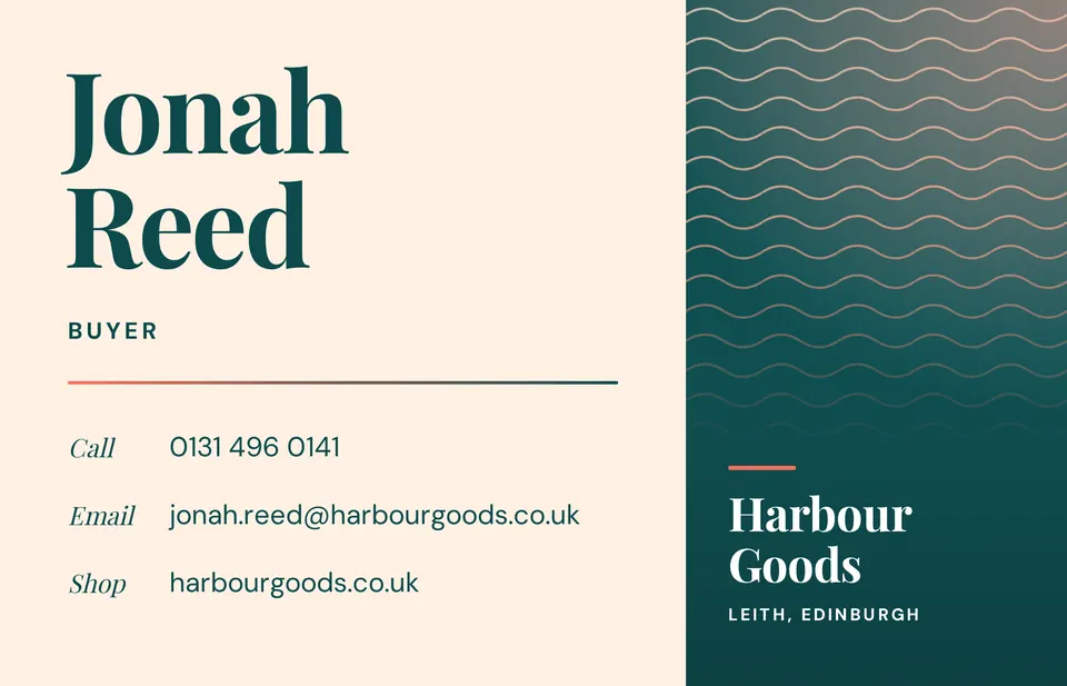 A business card for Harbour Goods with Jonah Reed's name and contact lines on cream paper and a deep teal band of waves on the right.