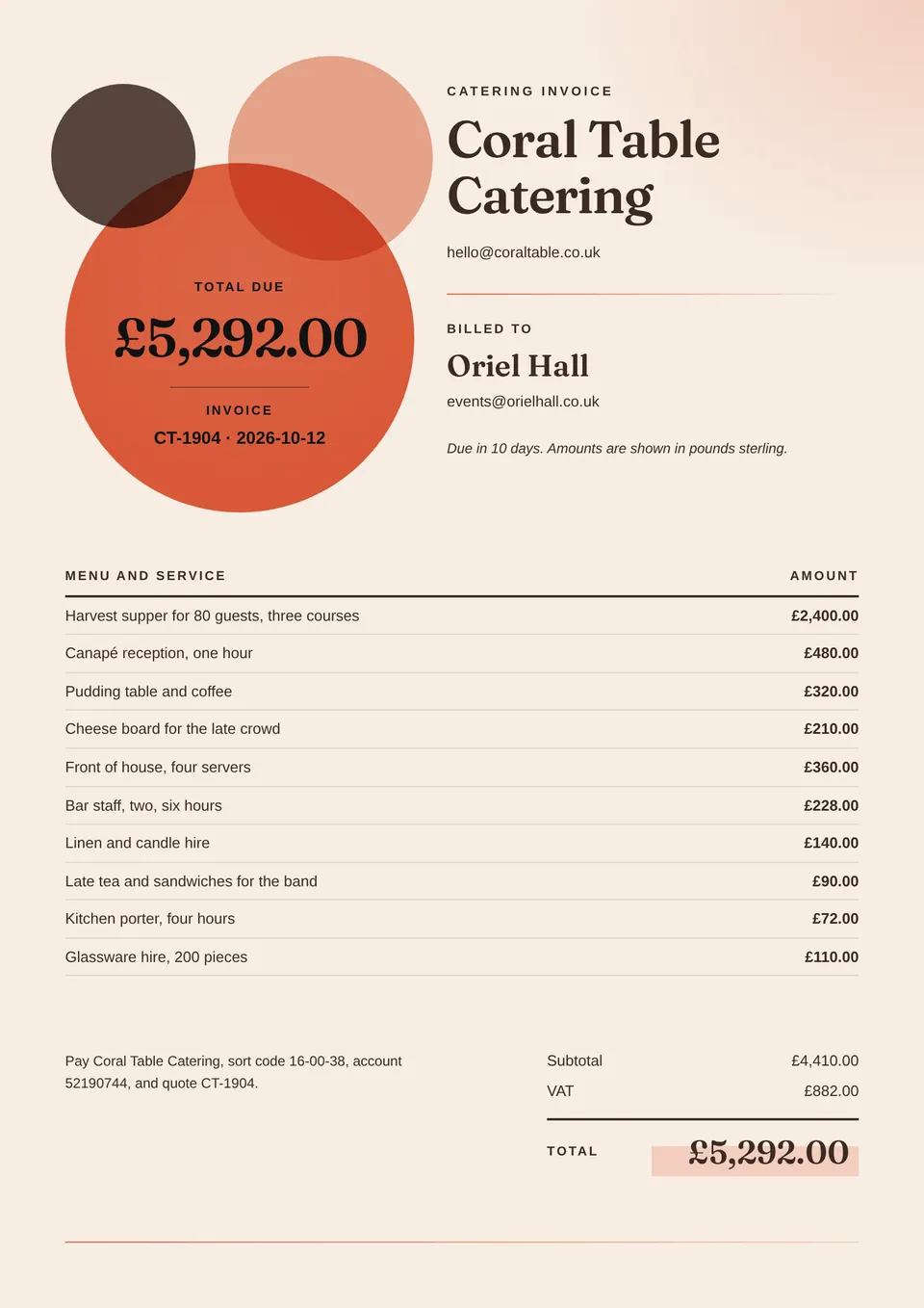A catering invoice with overlapping coral circles that hold the total due, next to the client and a menu list.