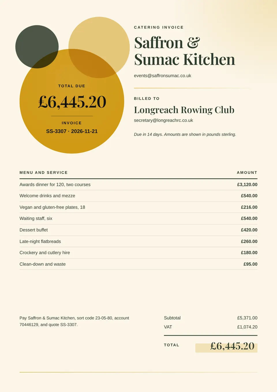 The Hospitality invoice design made for a second business, with its own details and brand.