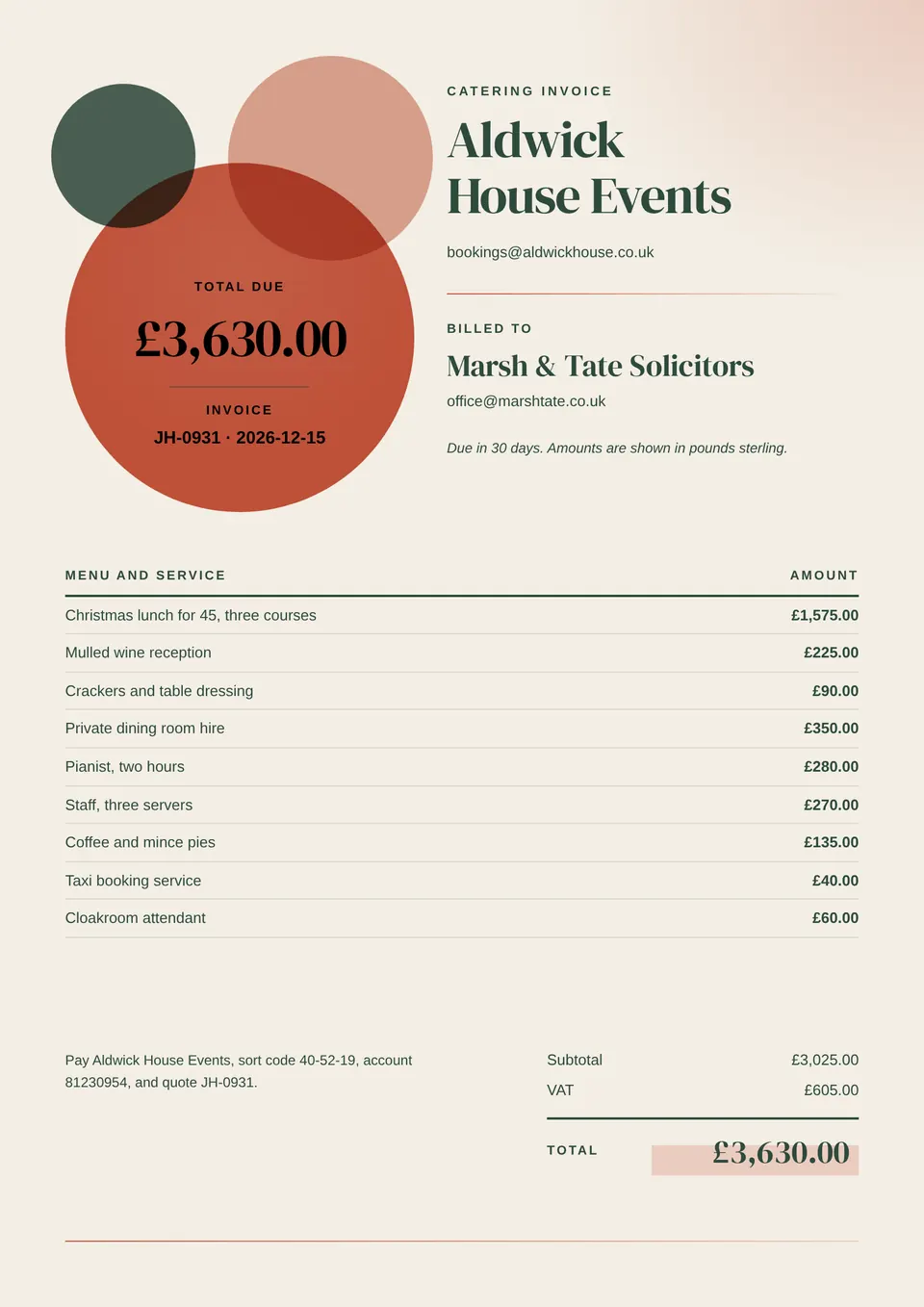 The Hospitality invoice design made for a third business, with its own details and brand.