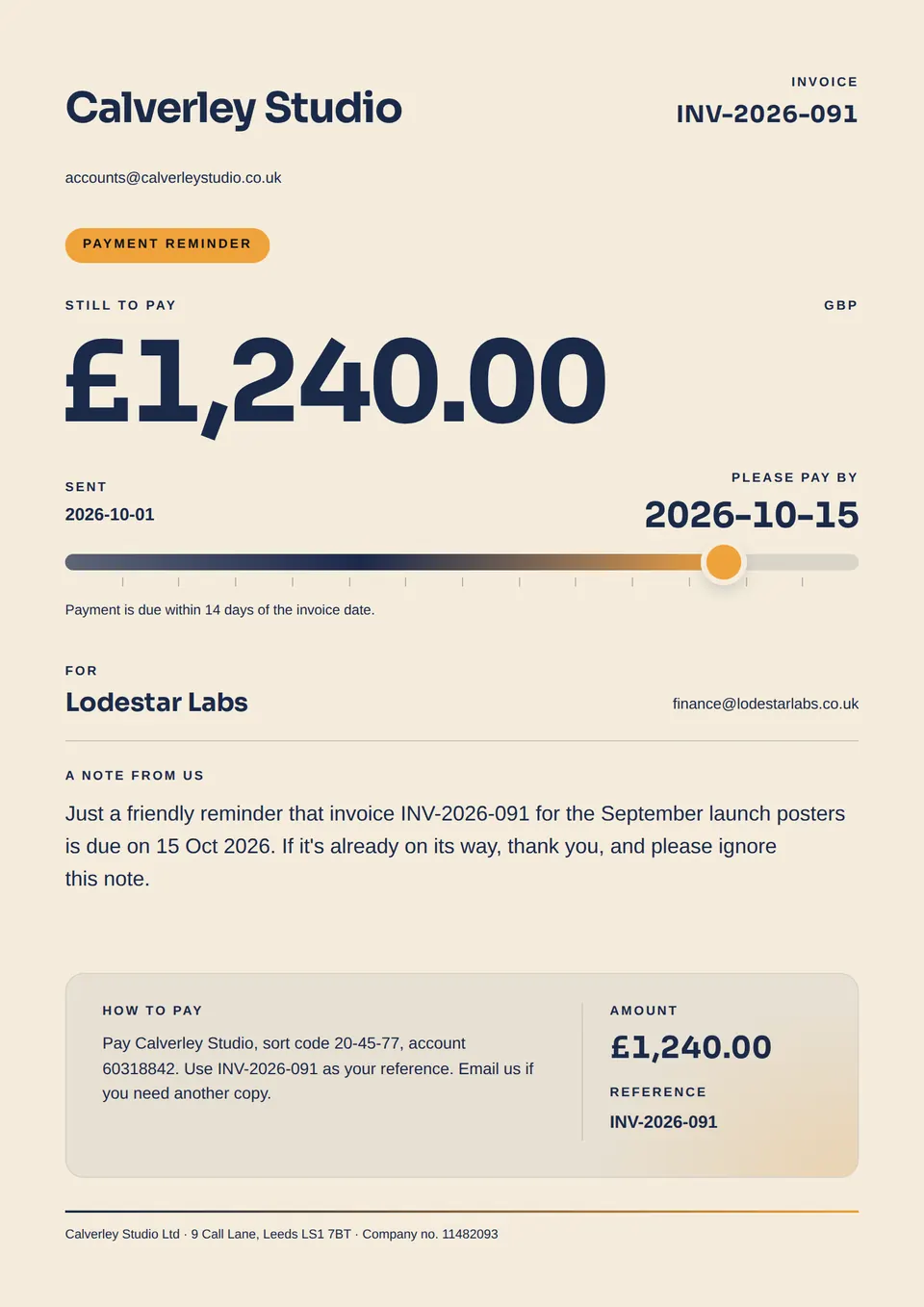 A payment reminder with the amount still to pay in large type and a bar that shows how close the due date is.