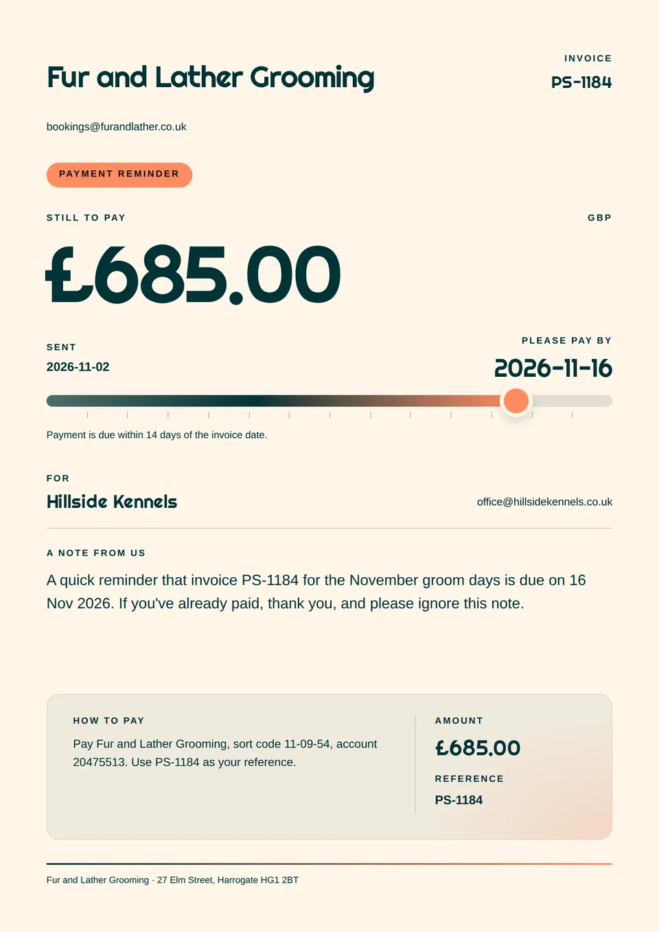 The Invoice reminder design made for a second business, with its own details and brand.