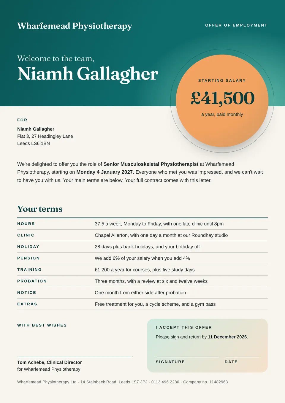 An A4 offer letter with a deep teal header that says Welcome to the team, Niamh Gallagher, a large apricot circle showing a starting salary of £41,500 across the header edge, a ruled list of eight terms, and a soft panel to sign and accept the offer.