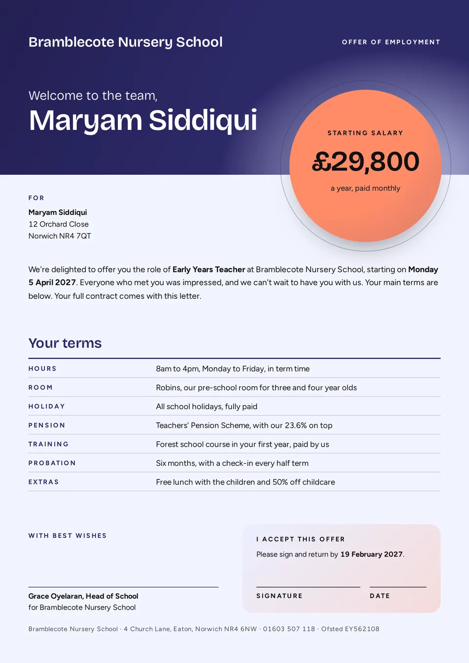 The Job offer letter design made for a second business, with its own details and brand.