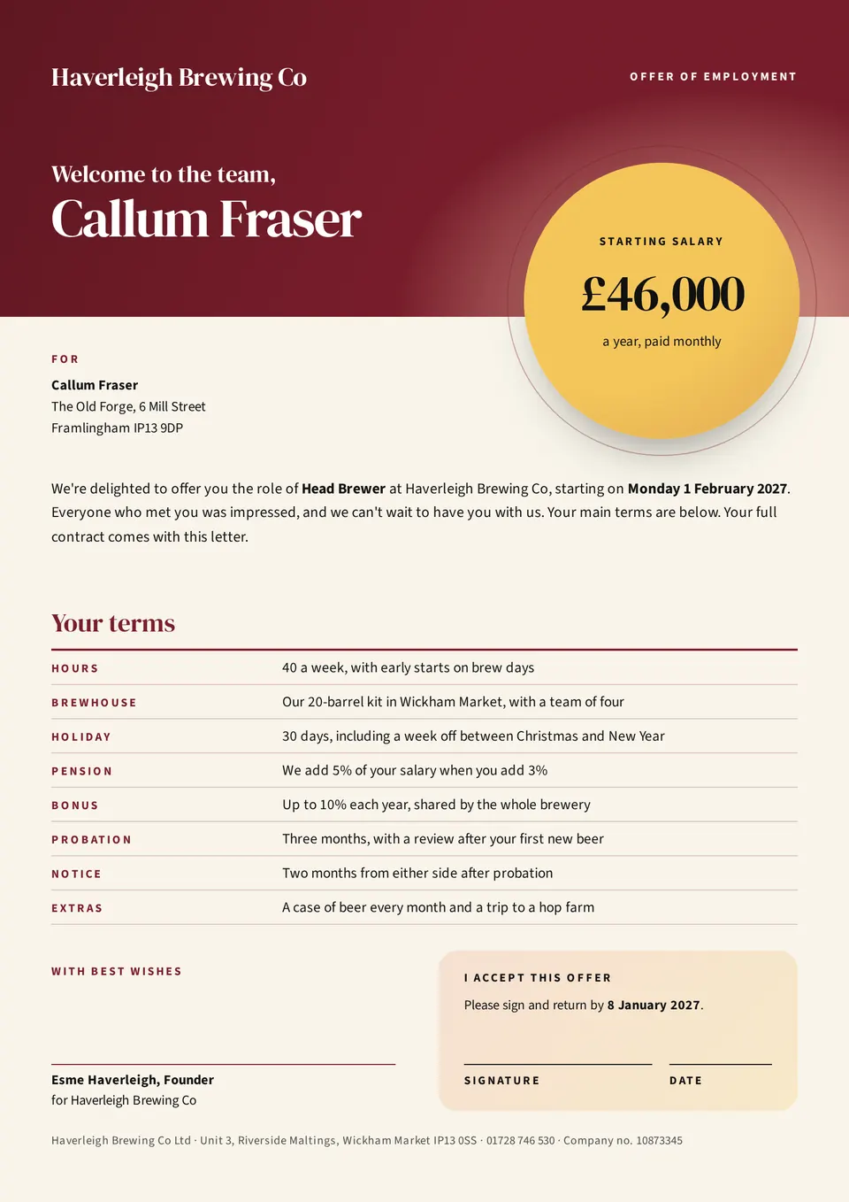 The Job offer letter design made for a third business, with its own details and brand.