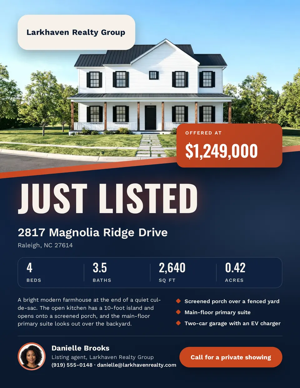A US Letter flyer for 2817 Magnolia Ridge Drive in Raleigh, with a farmhouse photo above a slanted orange edge, a cream Larkhaven Realty Group badge, an orange $1,249,000 price card, a big white Just listed headline on deep navy, beds, baths, square feet, and acres in one row, and the agent's photo with a Call for a private showing button.