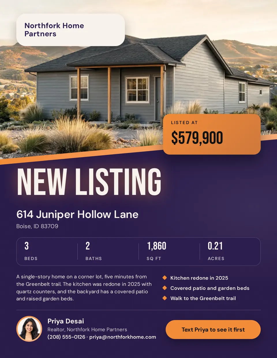 The Just listed flyer design made for a second business, with its own details and brand.