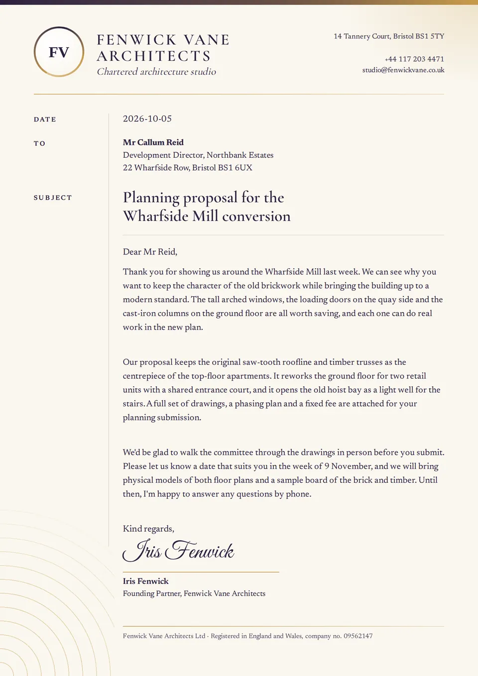 A letter on an architecture studio letterhead, with a round seal logo, a gold and plum top bar, and a signed proposal letter.