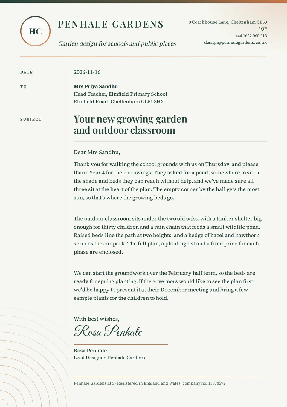 The Letterhead letter design made for a second business, with its own details and brand.