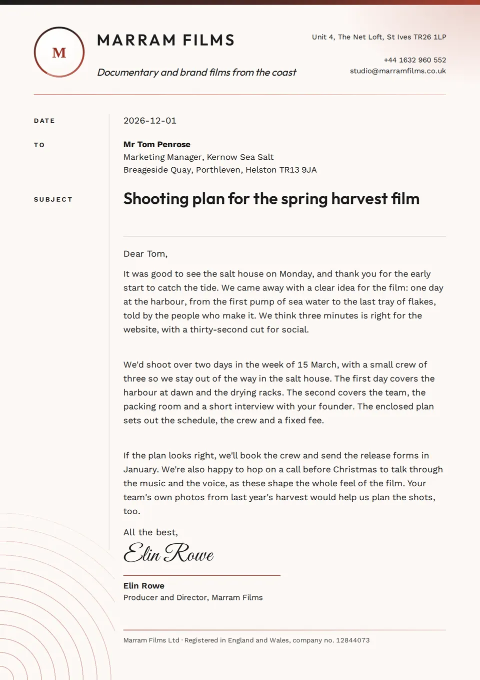 The Letterhead letter design made for a third business, with its own details and brand.