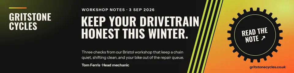 A LinkedIn banner for Gritstone Cycles, with a big workshop headline on near black, lime speed stripes, and a lime to orange panel that holds a toothed Read the note seal.