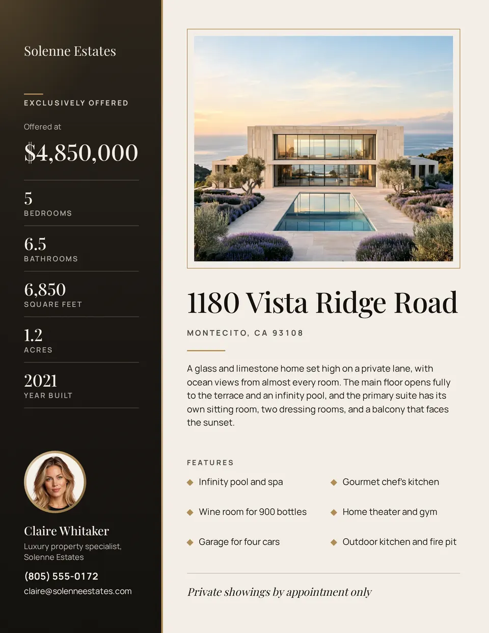 A US Letter luxury listing flyer with a dark side panel of gold-edged facts, a $4,850,000 price, and the agent's photo in a gold ring, beside a photo of a glass villa with a pool in a thin gold frame, the address 1180 Vista Ridge Road in Montecito, a short write-up, and six features in two columns.