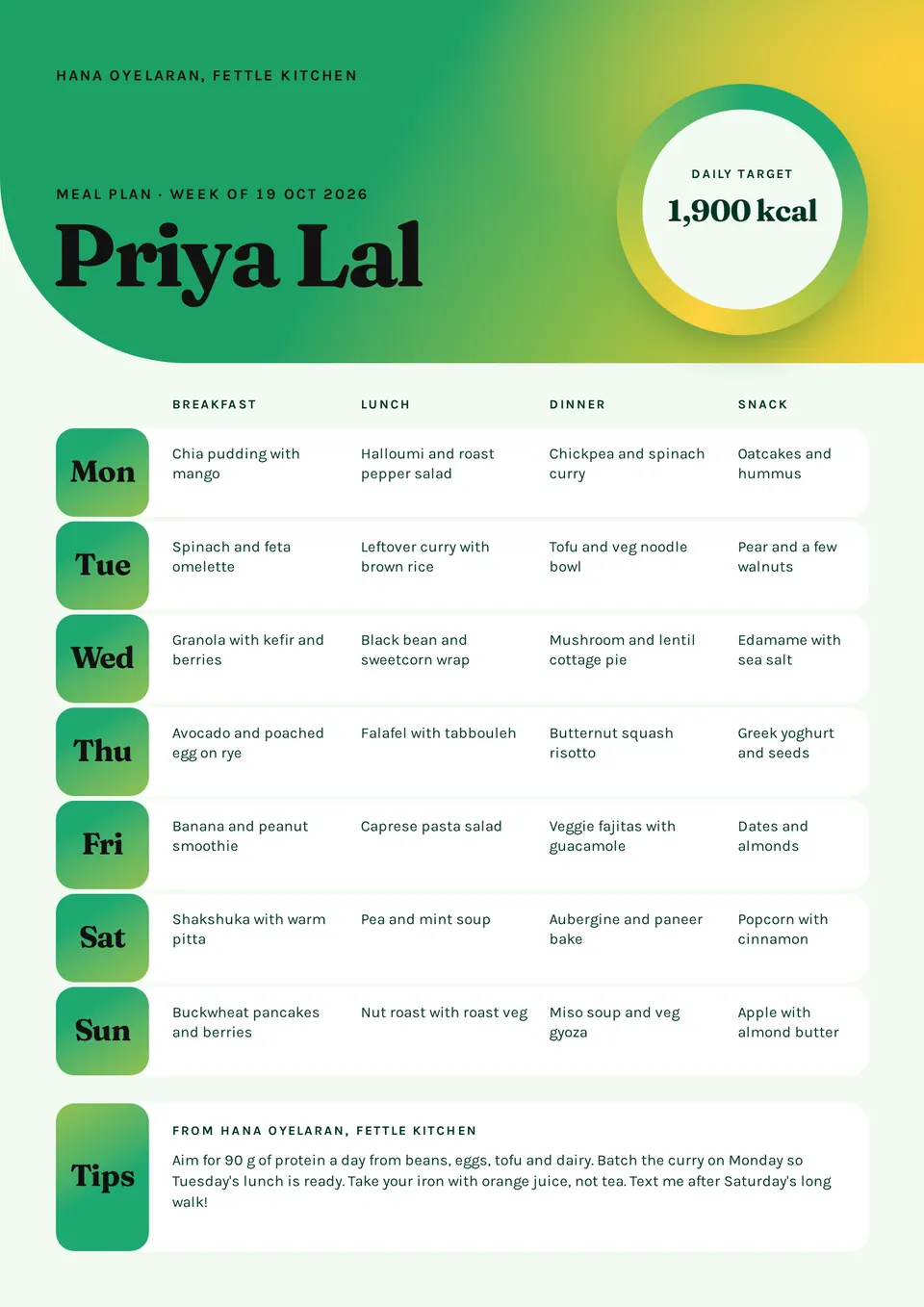 The Weekly meal plan design made for a second business, with its own details and brand.