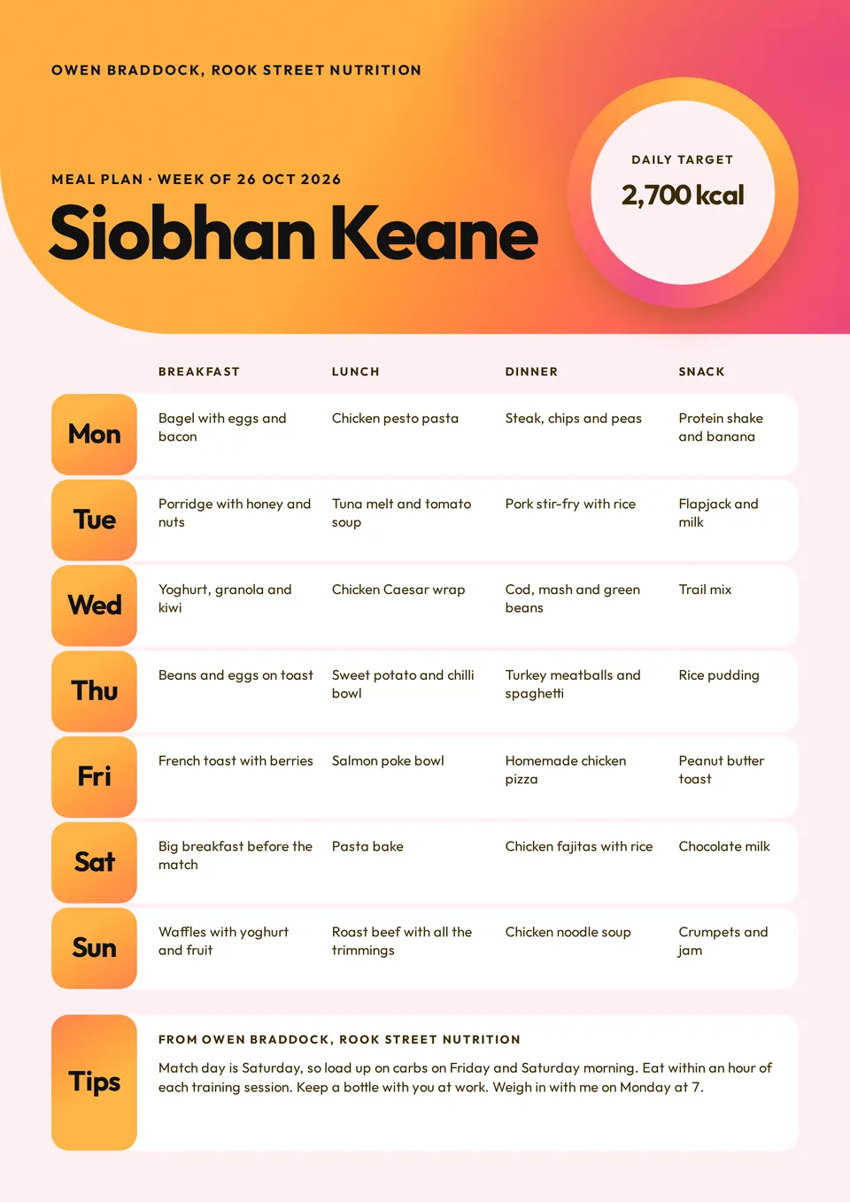 The Weekly meal plan design made for a third business, with its own details and brand.