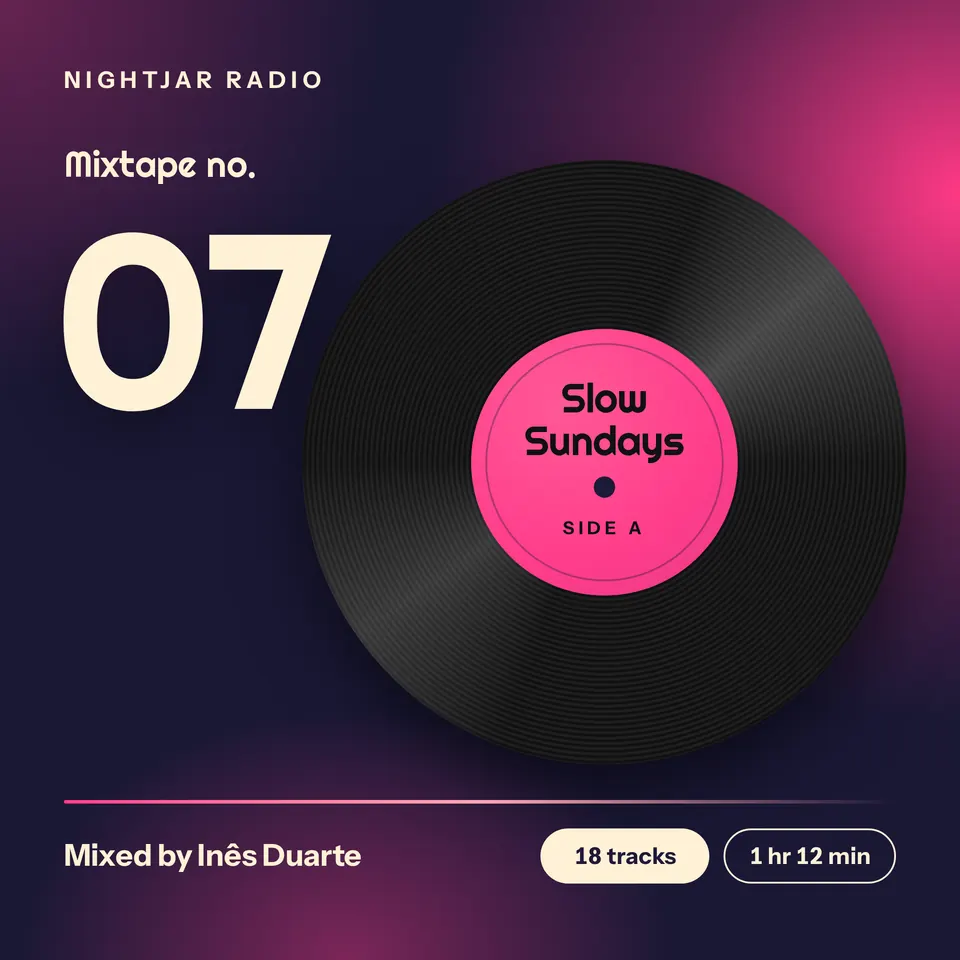 A square mixtape cover on dark purple with a glowing pink vinyl record, a huge number 07, the mix title on the label, and the track count and length.