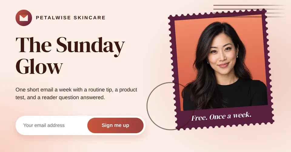 A newsletter ad with a reader photo printed as a perforated postage stamp with a postmark, a serif newsletter name, and an email sign-up field.
