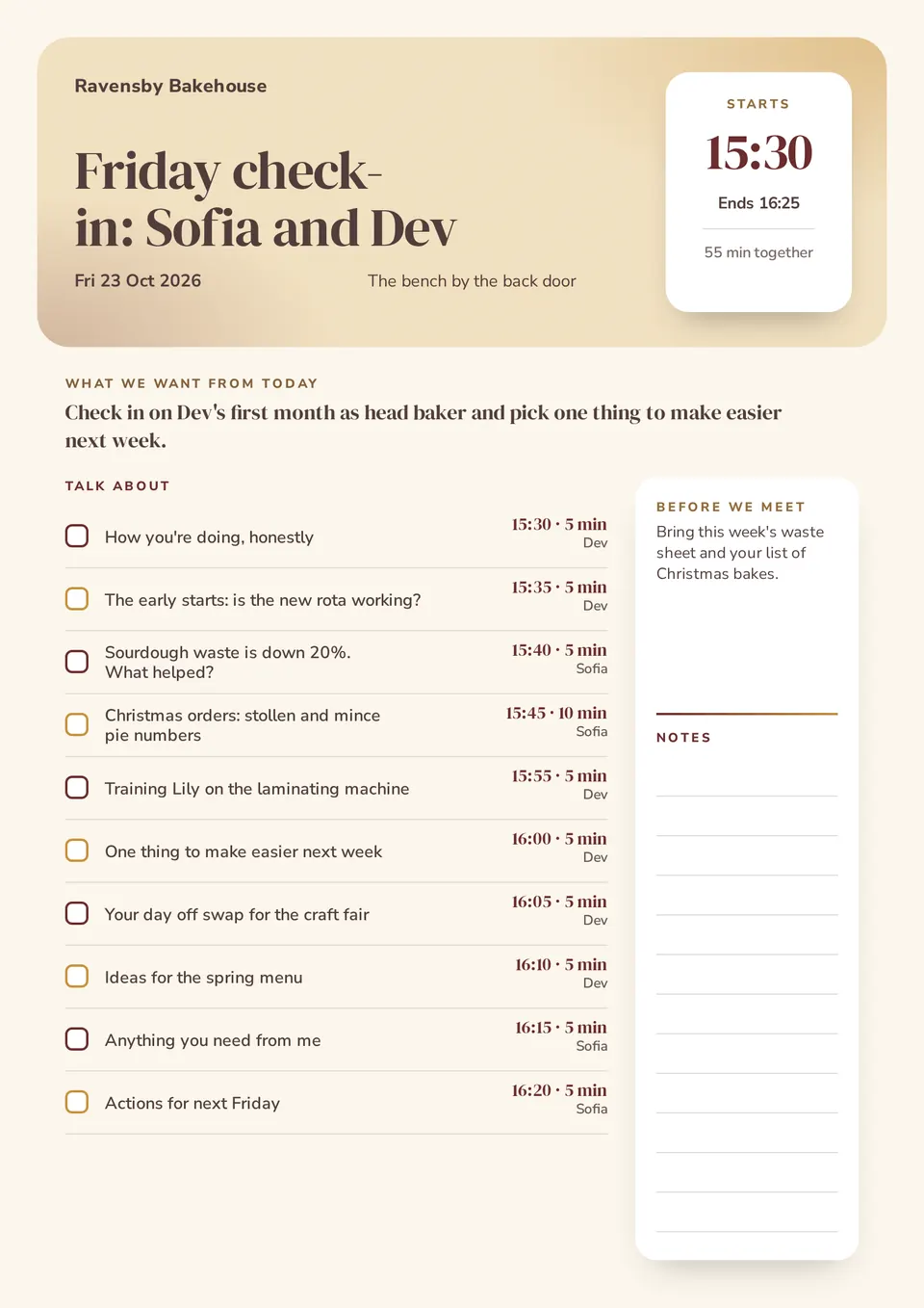 The One-on-one meeting agenda design made for a second business, with its own details and brand.