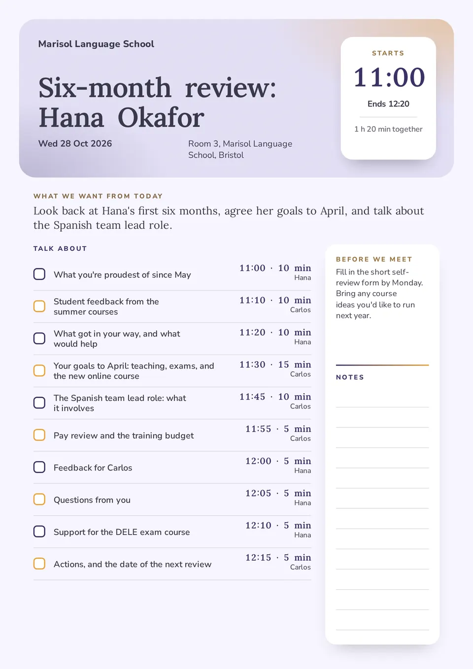 The One-on-one meeting agenda design made for a third business, with its own details and brand.