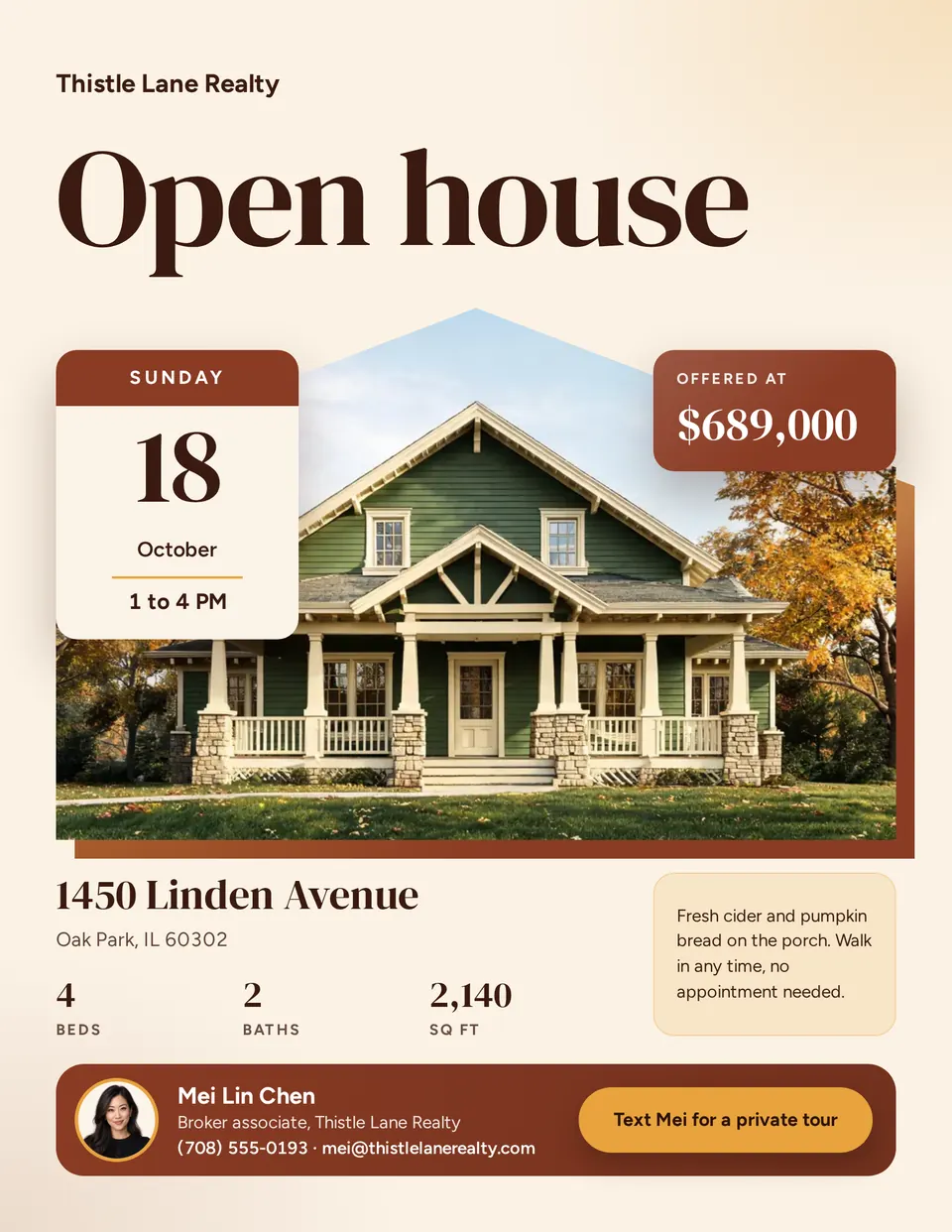 A US Letter open house flyer on warm cream paper, with a big brown Open house headline, a craftsman bungalow photo cut into a house shape, a date card for Sunday 18 October from 1 to 4 PM, a $689,000 price tag, the Oak Park address, and a brown agent bar with a yellow Text Mei button.