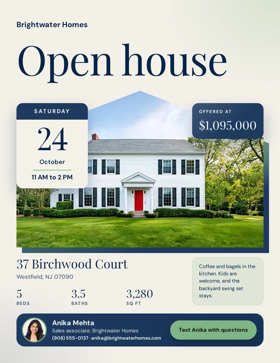 The Open house flyer for 37 Birchwood Court in navy and soft green, with Saturday 24 October from 11 AM to 2 PM on a date card, a $1,095,000 price tag, and the Brightwater Homes agent bar