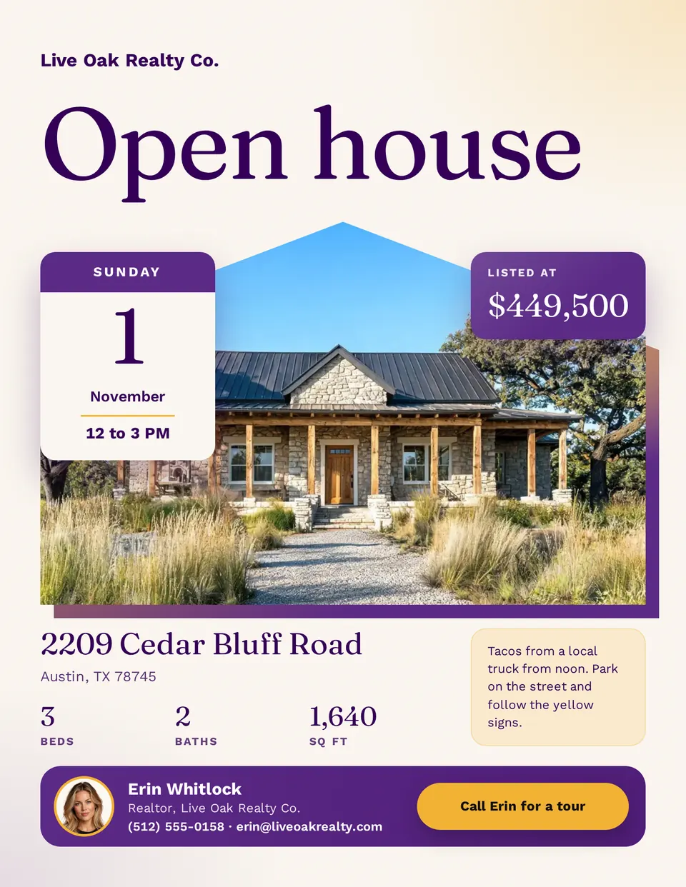 The Open house flyer design made for a third business, with its own details and brand.