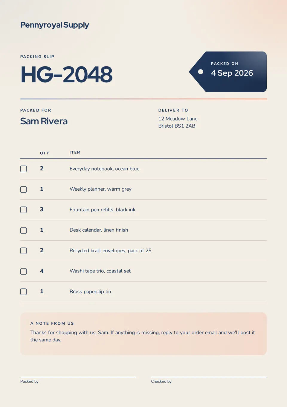 A packing slip from Pennyroyal Supply for order HG-2048, with a navy parcel tag for the date and a tick-box list of the items in the box.
