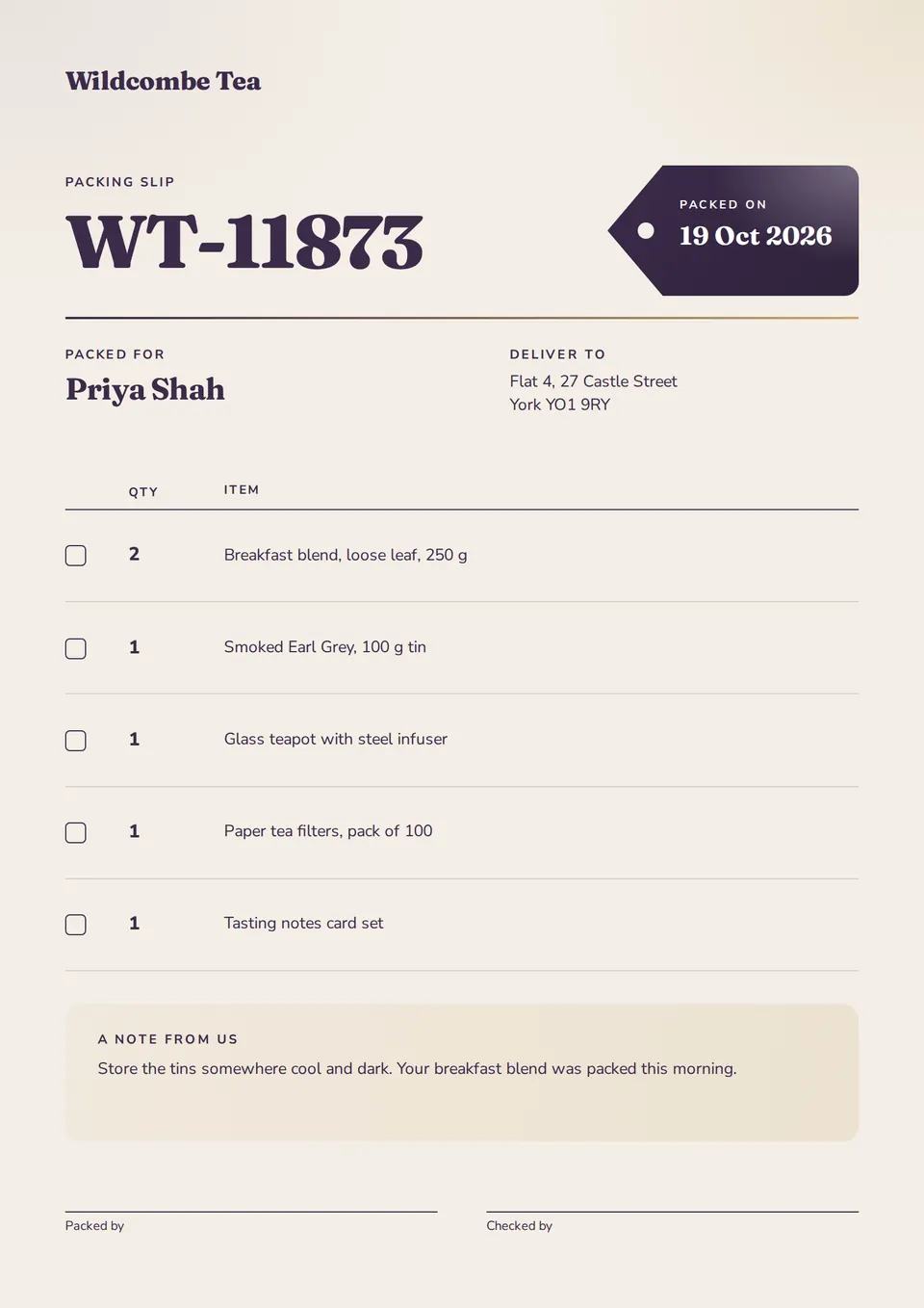 The Packing slip design made for a second business, with its own details and brand.