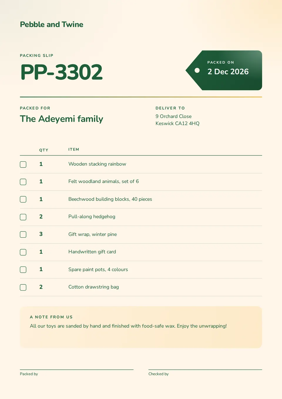 The Packing slip design made for a third business, with its own details and brand.