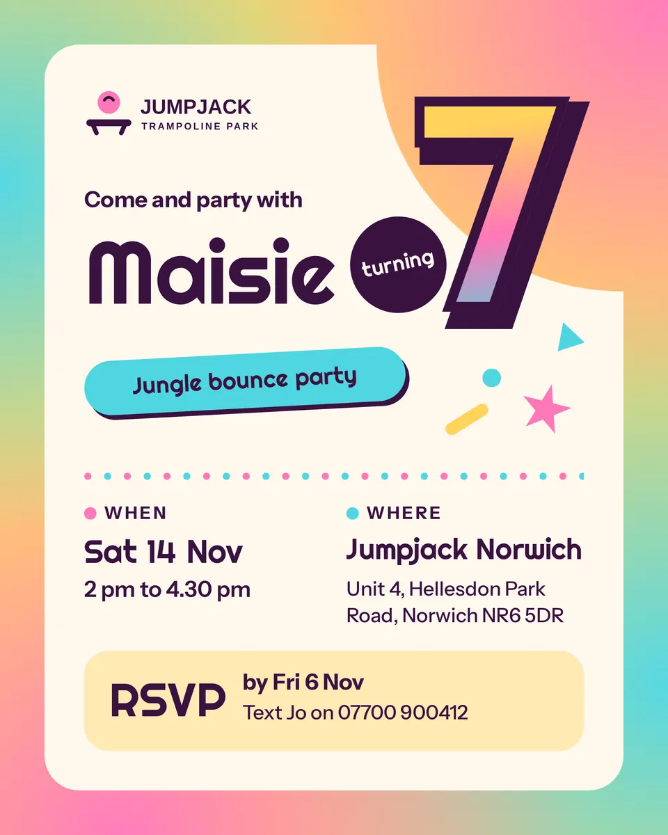 A portrait birthday invitation on a candy pink, yellow, and aqua gradient, with a giant outlined number 7, the name Maisie, a tilted aqua pill that says Jungle bounce party, confetti shapes, the date, time, and venue, and a yellow reply panel.