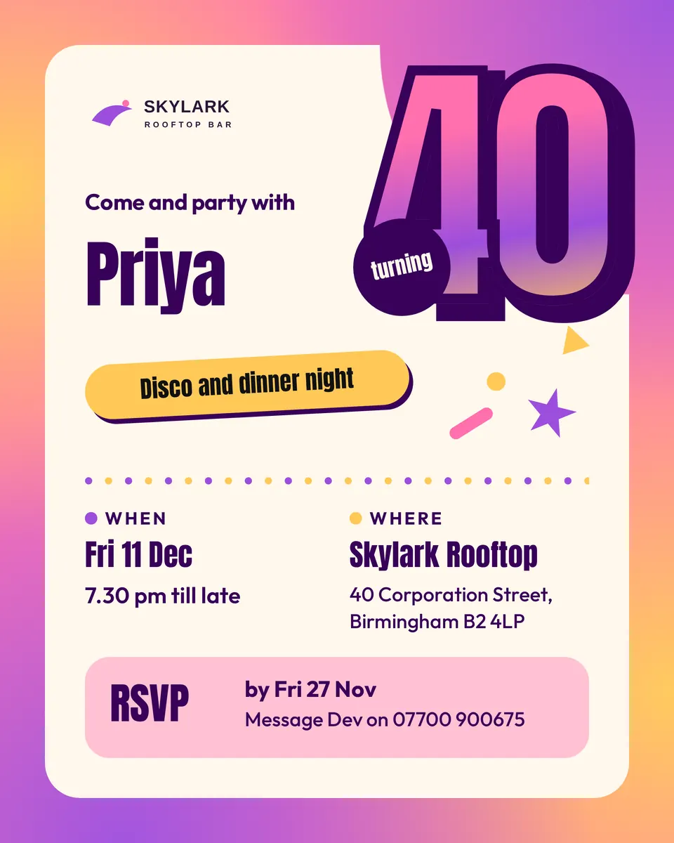 The Party invitation design made for a third business, with its own details and brand.