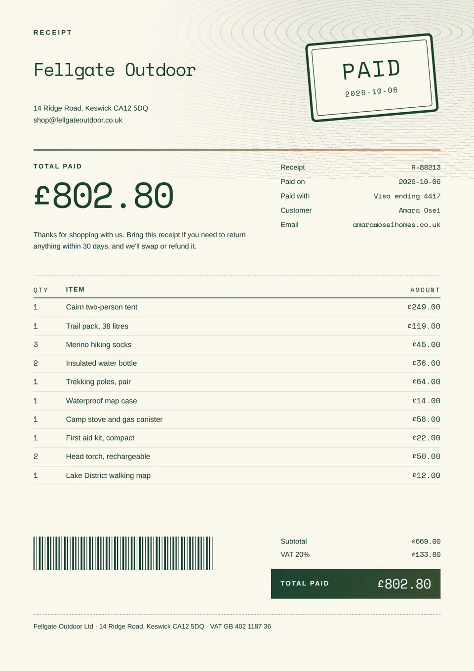 A shop receipt with map-style contour lines, a rubber stamp that says Paid, and a list of what the customer bought.