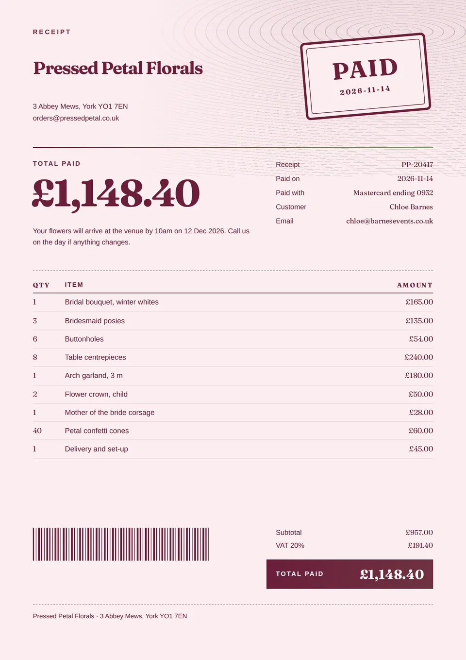 The Payment receipt design made for a second business, with its own details and brand.