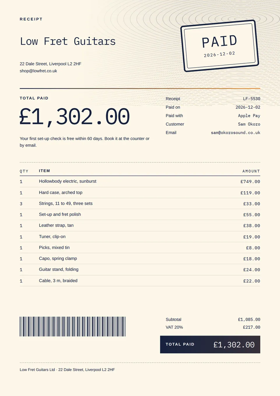 The Payment receipt design made for a third business, with its own details and brand.