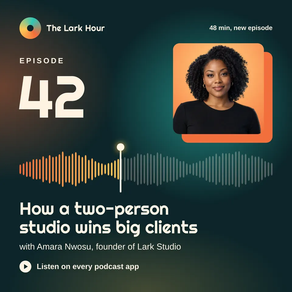 A square podcast card with a big gold episode number, a guest photo on an offset colour block, and a wide waveform with a playhead above the title.