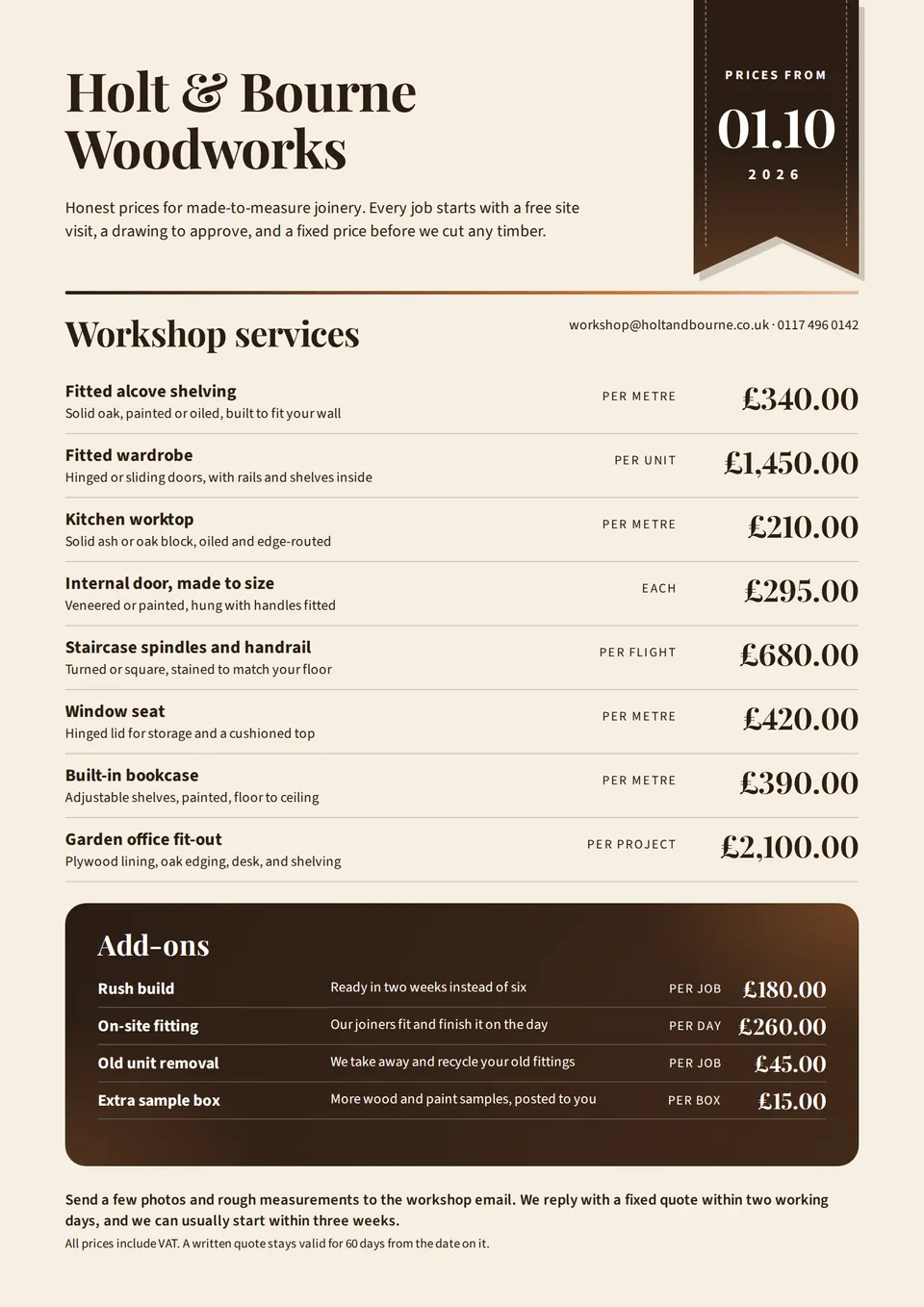 A warm cream price list for a studio, with a hanging ribbon for the start date, a clear list of services and prices, and a dark add-ons panel.