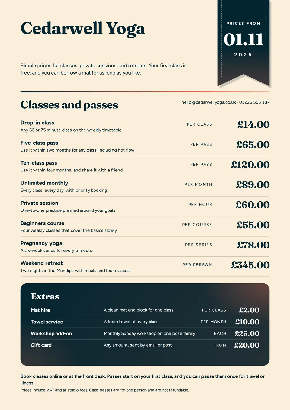 The Price list design made for a second business, with its own details and brand.