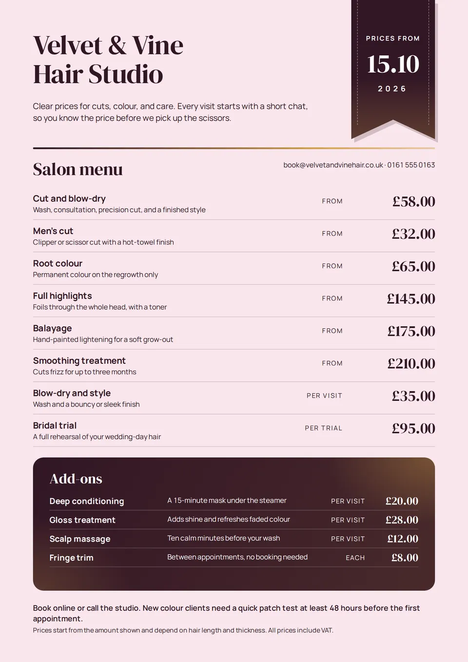 The Price list design made for a third business, with its own details and brand.