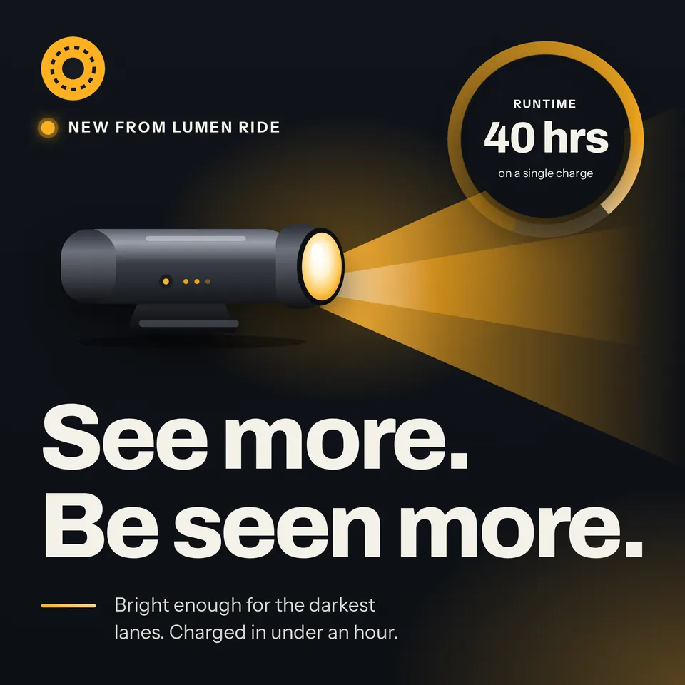 A square bike light launch ad for Lumen Ride, with an amber beam on a dark background, a gauge ring that shows 40 hours of runtime, and a big two-line headline.