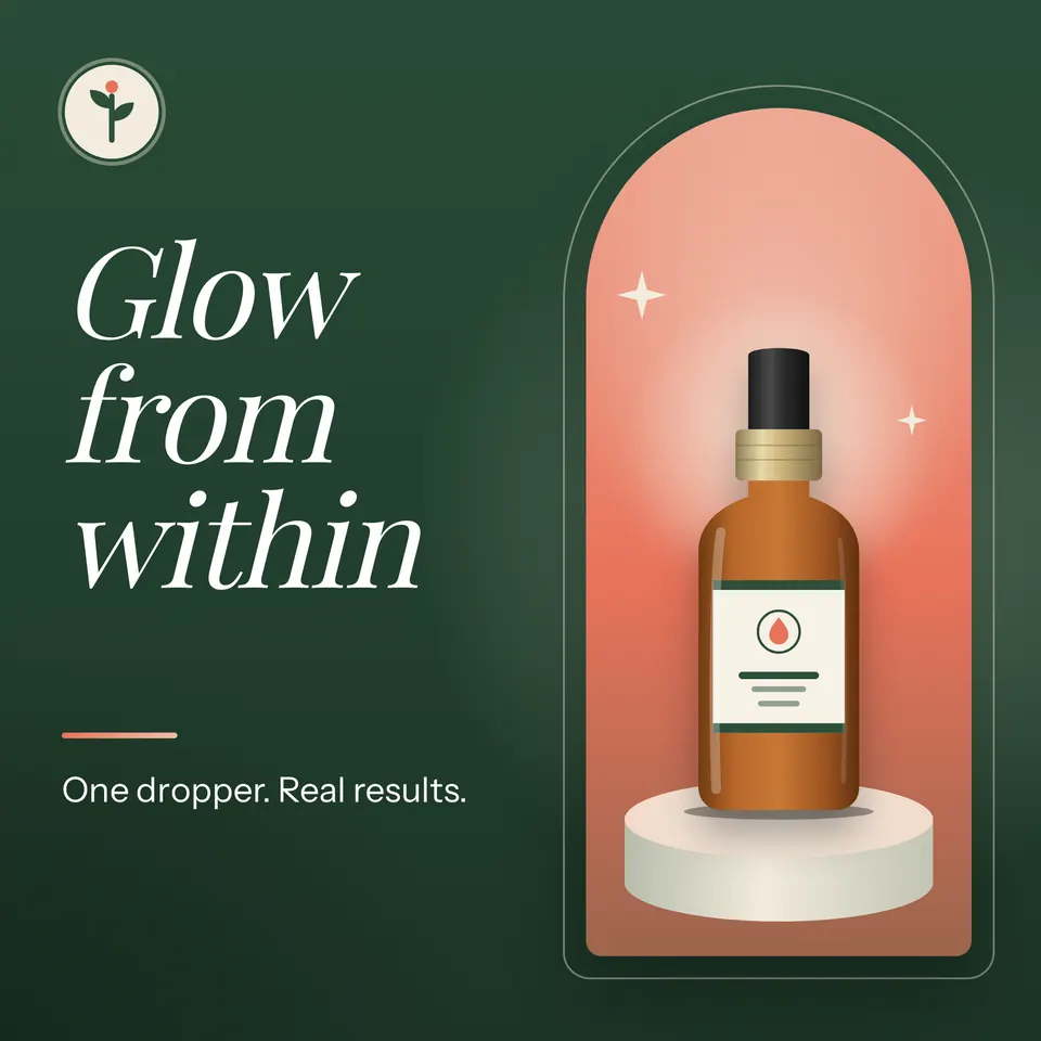 A square serum ad for Nettle and Field, with a big italic headline on forest green and an amber dropper bottle on a pedestal inside a coral gradient arch.